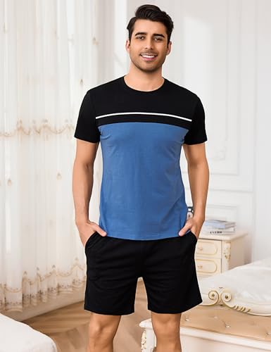Bresdk Schlafanzug Herren Kurz Baumwolle Kurzarm Pyjama Set Sommer Zweiteilige Schlafanzüge mit T-Shirt und Schlafanzughose Hausanzug Sleepwear Schwarz XL