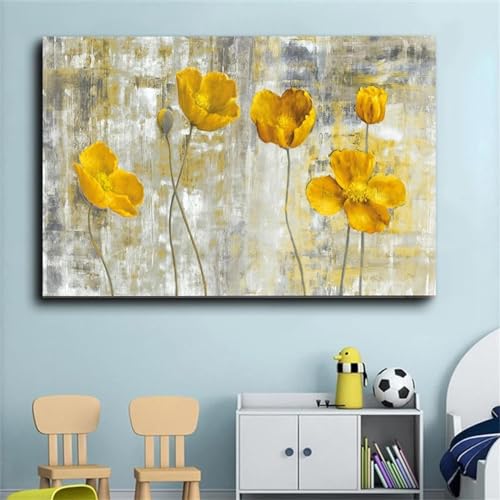 Peinture abstraite fleurs jaunes toile nordique 50x95cm art mural salon