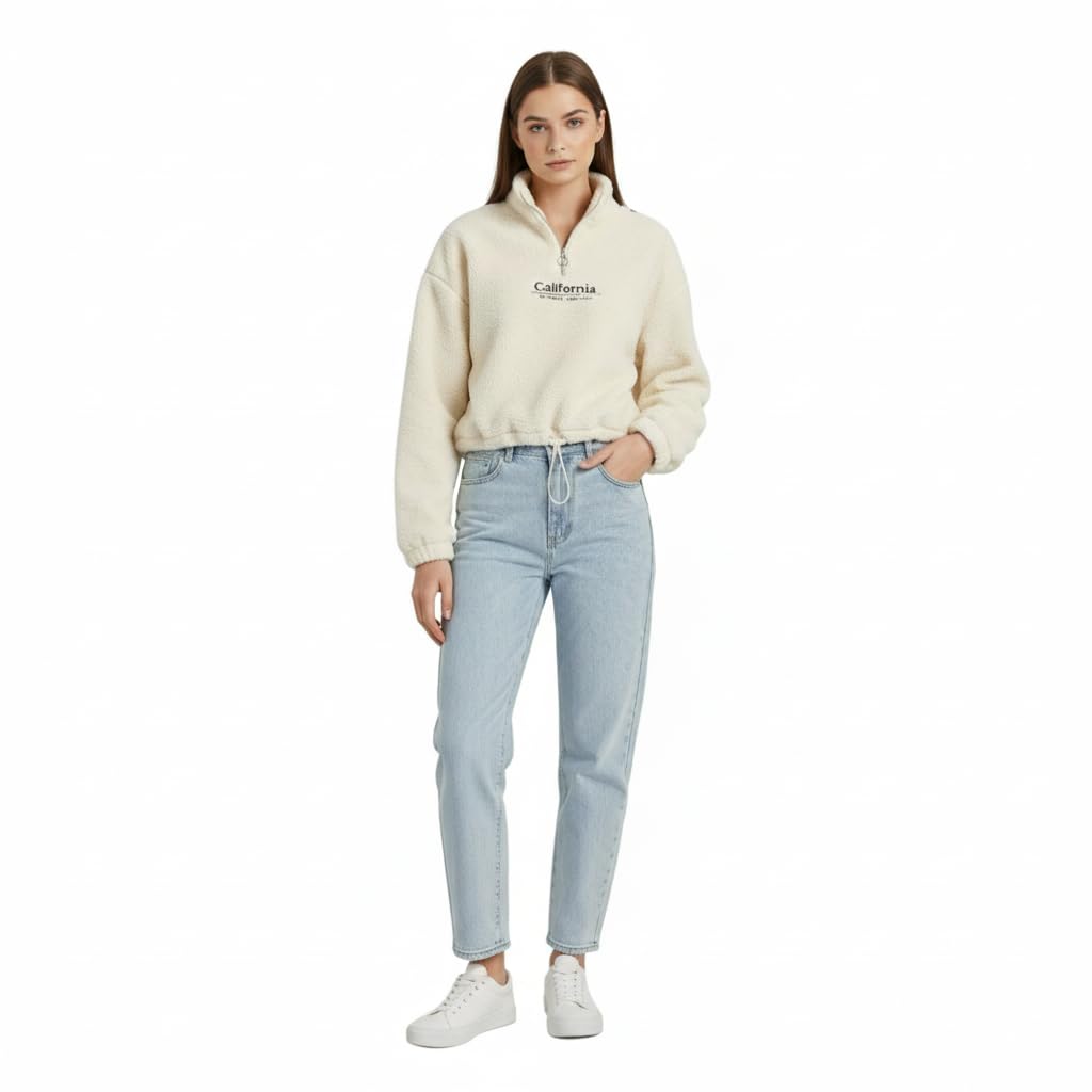 California Quarter Zip Pullover Sweatshirt, Cream, Women's Casual Fleece Top-picture-38
