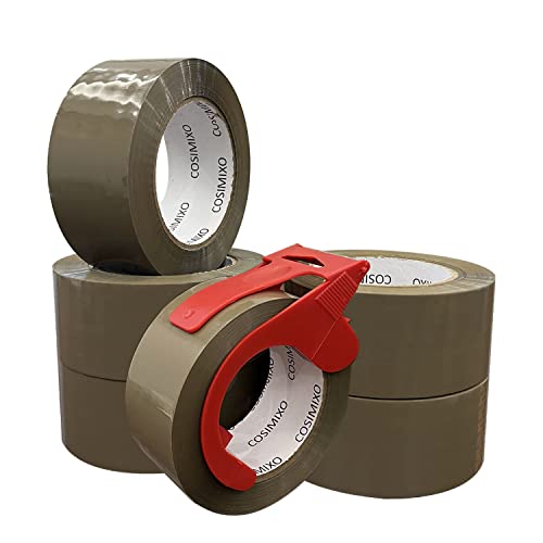 Cosimixo 6-Pack Heavy Duty Brown Packing Tape With Dispenser, 2.5 Mil X 1.88 Inch X 110 Yards,Ultra Strong,Industrial Shipping Box Tan Packaging Tape For Moving, Office, & Storage #TOP5