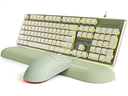 EWEADN GX710S Wired Keyboard and Mouse Combo with Warm Backlit Pudding Keycaps Wrist Rest Full Size Metal Panel Quiet Cute Ergonomic Computer Keyboard Mouse Set for Windows PC Desktop - Green