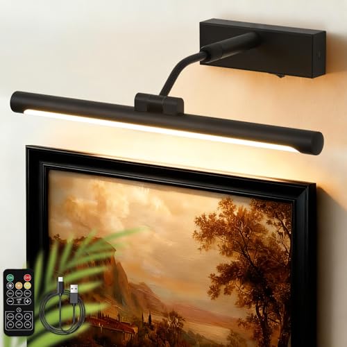 Musanne Picture Lights for Wall Battery Operated,16 Inch Black Wireless Rechargeable Art Lights for Pictures,3CCT Dimmable Retractable Painting Light with Remote & Timer,Glare-Free for Gallery Light