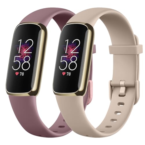 Demark Pack 2 Straps for Fitbit Luxe Strap for Women Men 2 Pack Soft Silicone Adjustable Sport Replacement Wrist Bands for Fitbit Luxe Only (Milk tea+Smoke Purple Small)