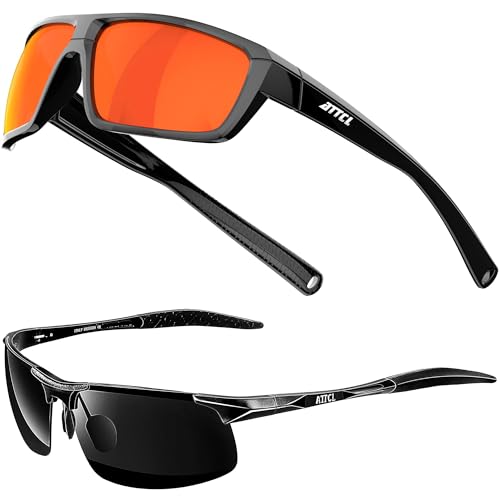 ATTCL Bundle Polarized Wrap Sunglasses For Men+Driving Polarized Sunglasses for Men:(5001-Black-red)+(8177-Black)