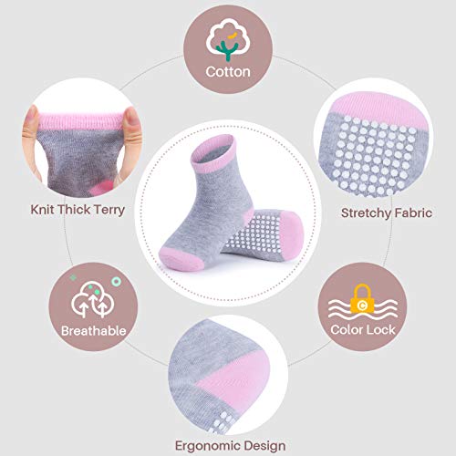 Image of JAKIDAR 12 Pack Baby Socks Cotton Crew Toddler Socks Grips Non Slip Bottom Kids Socks