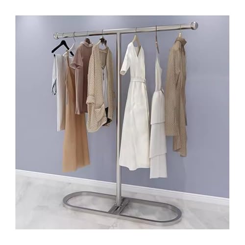 Présentoir en forme de T pour boutiques portant à vêtements métallique au design argenté épuré