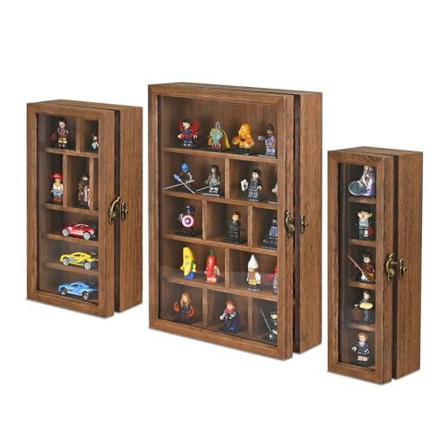Ikee Design 3 Pcs Set Wall-Mounted Wooden Shadow Cubby Box Display Shelf with 24 Compartments with Door Storage Display Case for Collectibles, Trinkets, Mini Figures, Brown Color