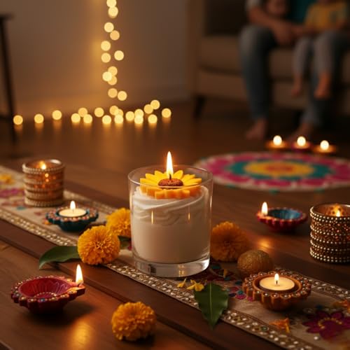 Image of Sunflower Scented Jar Candle - 220g 100% Organic Soy Wax - Aesthetic Yellow Floral Bloom Design - Luxury Spring Fragrance for Vasant Panchami & Home Decor