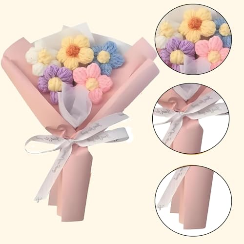 Image of OXYGLOBE Fabric Crochet Flowers,Pink Crochet Flower Bouquet, Elegant Crochet Bouquet Apply to Birthday,Wedding, Mother's Day, Home Decoration, Handmade Flower Arrangement for Her