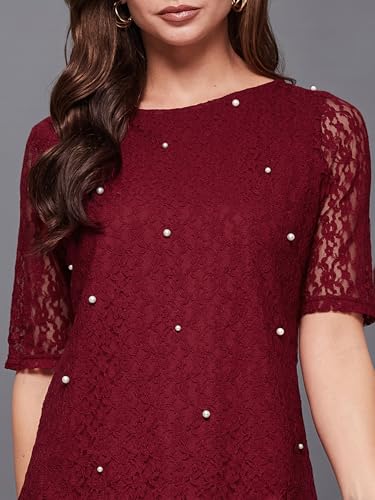 Image of Miss Chase Women's Round Neck Half Sleeves Cotton Lace and Pearl Detailing