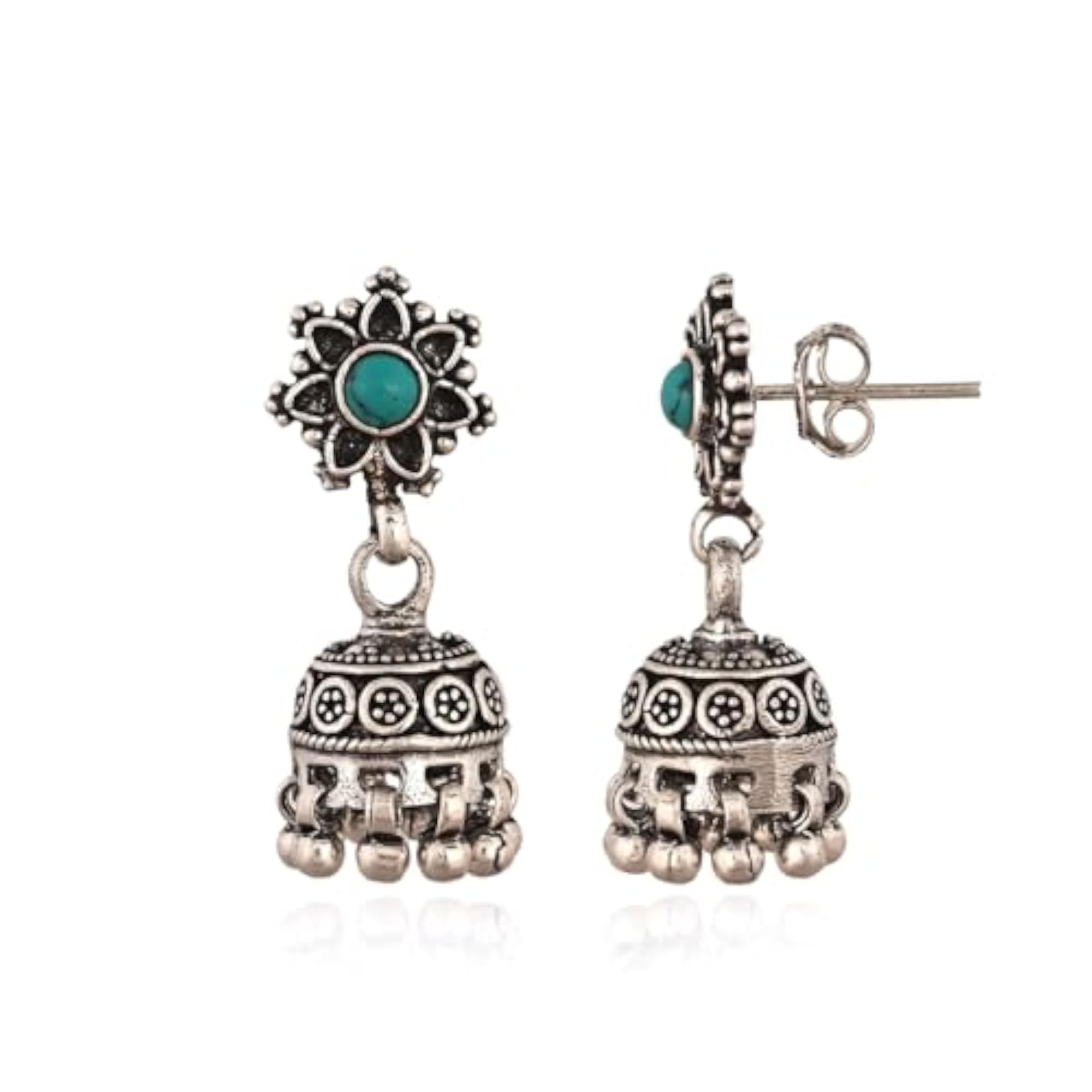 Women's Antique Silver Oxidized Floral Jhumki Earrings