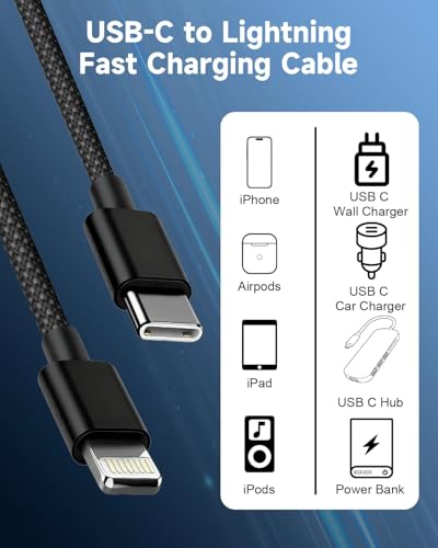 Image of iPhone Charger Lightning Cable 6FT 2Pack,[Apple MFi Certified]USB C to Lightning Cable Cord Black,Nylon Braided iPhone Fast Charger Charging Cord for iphone 14 13 12 11 Pro Max X 8 7 6 SE,iPad Air /Pro