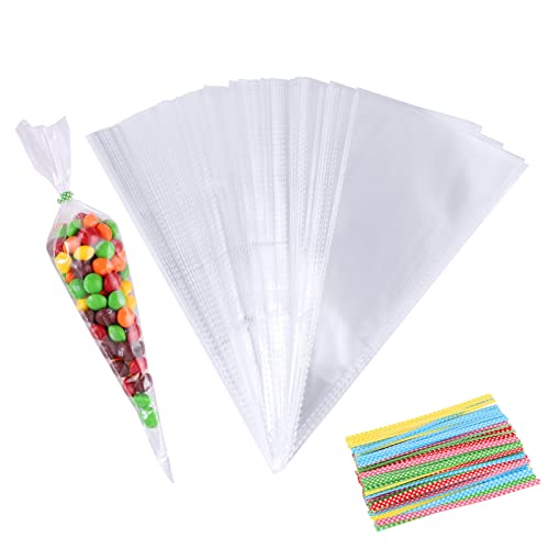 100 Stück Spitztüten Transparent, 13 x 25cm Süßigkeiten Tüten mit 100 Bindebänder Cellophantüten Candy Bar Tüten für Kekse Bonbons Schokolade