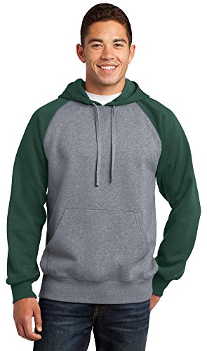 SPORT-TEK Mens Raglan Colorblock Pullover Hooded Sweatshirt, Medium, Forest Green/Vintage Heather