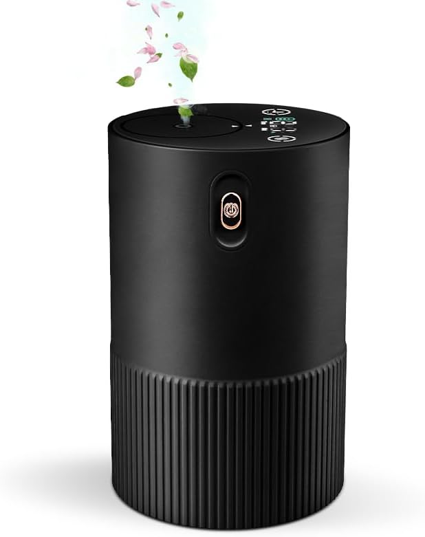 Waterless Diffuser for Essential Oil, Battery Operated Nebulizer, Mini Scent Air Machine, 0.7 Fl Oz, Timers & 3 Mist Levels, Black, for Home, Room, Car, Office