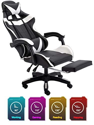 Gaming Chair Office Chair Racing Chair with Footrest,Backrest and Seat Height Adjustment Recliner with Headrest and Lumbar Pillow E-Sports Chair (Black-White)