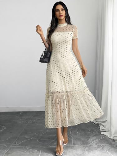 Image of GothDark Women's Summer Floral Mesh Ruffle Dress Short Sleeve Round Neck Waist Cinched Casual Maxi Wedding Guest Dresses