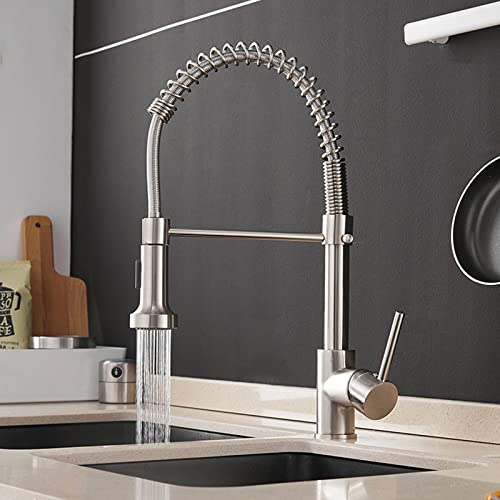 OWOHYG Grifos de cocina de resorte comercial, grifo de fregadero de cocina de una sola manija con pulverizador extraíble de latón macizo cepillado de arco alto