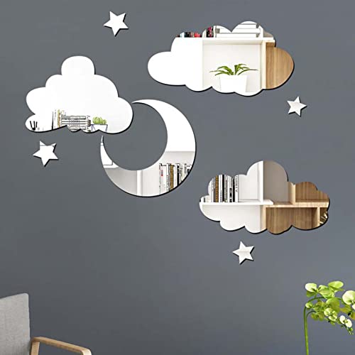3D Acrylic Cloud Mirror Stickers Decals,Self Adhesive Moon Stars Clouds Mirror Wall Stickers Decorative Silver Mirror Wall Art Decor For Kids Baby Bedroom Living Room Playroom Nursery Wall Decor #TOP30