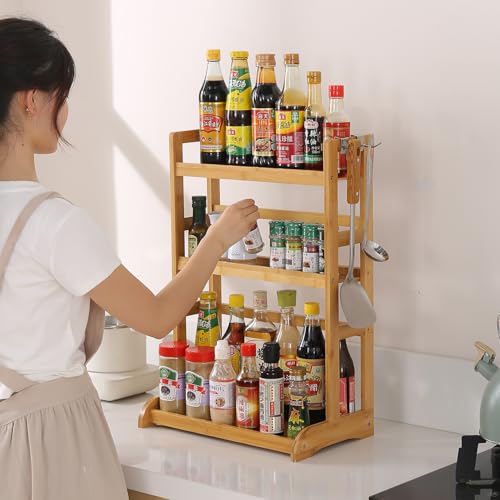 Image of HOKIPO 3 Tier Bamboo Spice Rack Organizer for Kitchen Platform Counter Top Rack Storage Shelf Stand (AR-5294)