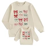Mommy and Me Christmas Sweatshirt Family Matching Outfit Long Sleeve Coquette Bow Crewneck Pullover Top (Women, S, Beige Mom)