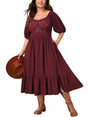 SCOMCHIC Womens Plus Size Midi Dresses Short Sleeve Floral Embroidered Smocked Ruffle Split Summer Western Boho Dress Burgundy
