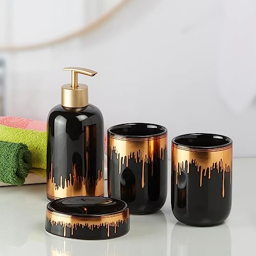 Image of SaSaSa Ceramic Bathroom Accessories Set of 4 Modern Bath Set with Soap Dispenser & Toothbrush Holder, Luxury Home & Gift Idea, Black /Gold (9739)