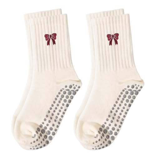 FIYIGO Cute Pilates with Grips Socks for Women Yoga Non Slip Embroidery Bow Socks for Fitness Ballet Dance Workout-2 Pairs-Big Bow -(Beige + Beige)