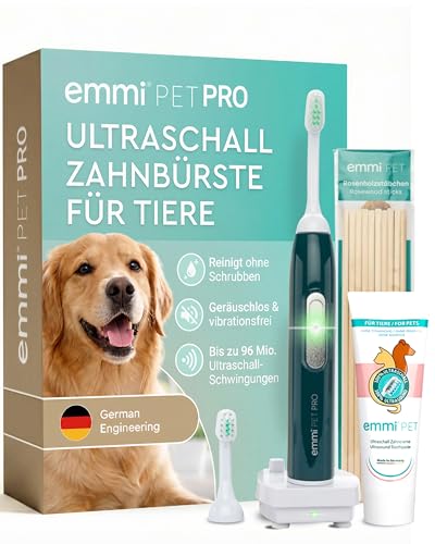emmi-pet PRO Ultraschall-Zahnbürste für Hunde - Geräuschlose Hundezahnbürste & Katzenzahnbürste ohne Schrubben mit 96 Mio. Schwingungen, 12 Tage Akkulaufzeit - Gegen Entzündungen & Zahnsteinvorbeugung