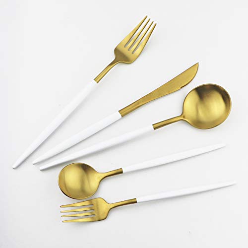 Gugrida White Gold Flatware, Royal 20 Piece Matte White Handle 18/10 Stainless Steel Tableware Sets for 4 Including Forks Spoons Knives, Camping Silverware Travel Utensils Set Cutlery (White Gold)
