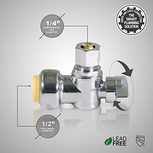 Image of Midline Valve VQBTD1214-5 Push-Fit Water Supply Stop Valve; One Piece Design; Angle Shut-off for Toilet, Sink, Dishwasher, Heater; 1 /2 in. Push x 1 /4 in. Comp; Chrome Plated Brass (5 Pack)