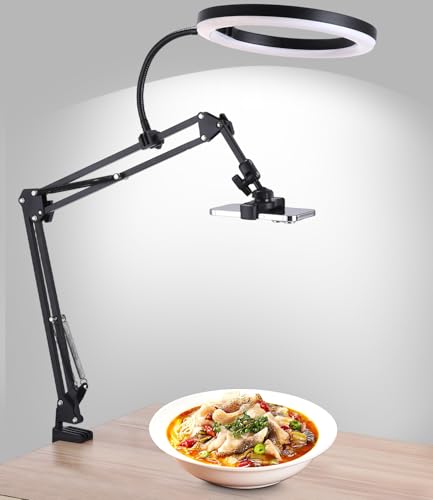 Handy Stativ mit Ringlicht 10 Overhead Stativ Handy mit Fernsteuerung Flexibler Tisch Kamera Arm mit Licht 3 Lichtfarben + 10 Helligkeiten 360 Drehbar Beleuchtung für Videoaufnahmen Livestream