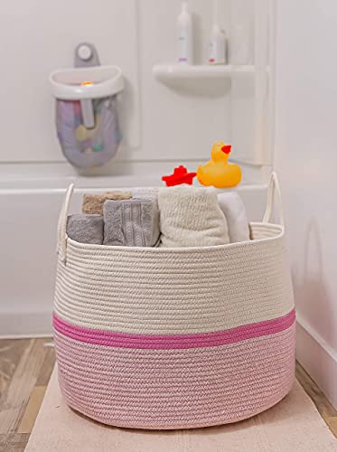 Image of OrganiHaus Round Toy Basket & Blanket Basket, Cotton Rope 20x13 inch | Striped Pink - Round Cotton Rope Basket, 20x13 inch