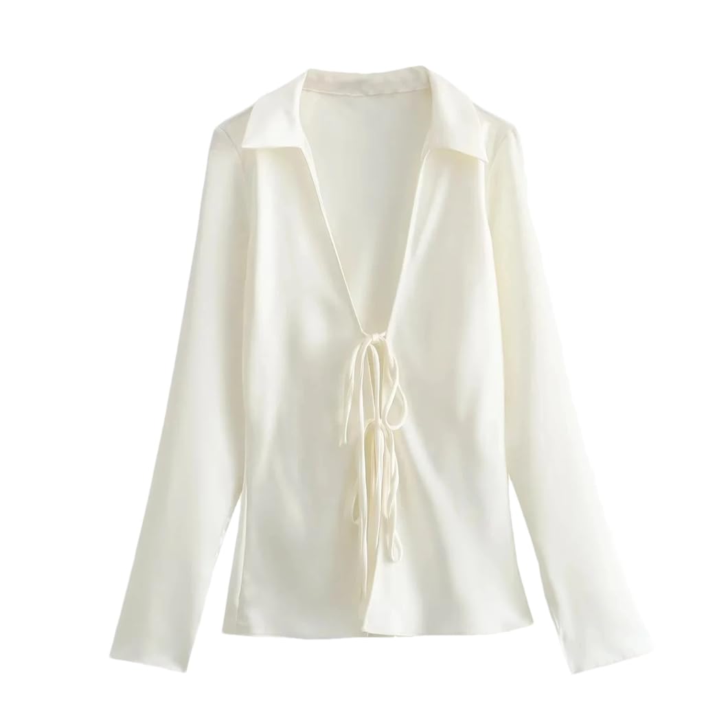 Blusas de satén con solapa para mujer, manga larga, lazo, con cordones, casual, ajustada, cuello en V, ropa de calle