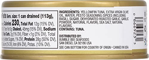 Image of Bumble Bee Prime Basil Pesto & Roasted Garlic Yellowfin Tuna in Extra Virgin Olive Oil, 5 oz Easy Open Can - Wild Caught Ahi Tuna - 28g Protein Per Serving - Non-GMO, MSC Certified Sustainable Seafood