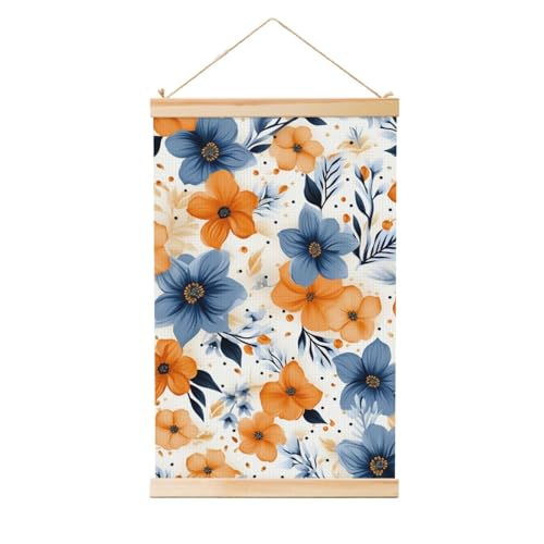 Affiche florale en bois bleue et orange tableau vintage blanc salon