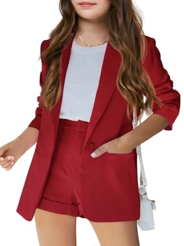 Image of Batermoon Girls 2 Piece Outfits Button Front Long Sleeve Blazer and Short Pants Suit Sets 4-14 Years