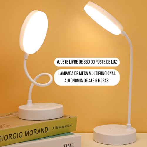 Luminária de Mesa Flexível Articulada Touch Recarregável 20 LEDs Bivolt para Estudo, Leitura e Escri