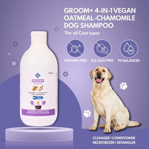 Image of PET360 Groom+ 4-In-1 Oatmeal Chamomile Dog Shampoo For All Coat Type | Detangle & Moisturize For Smooth & Itch-Free Hair With Aloevera | Sulphate & Parabens Free, 500 Milliliter