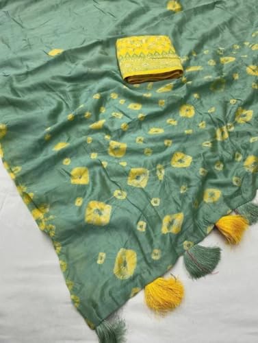 Image of Women's Linen Cotton Blend Saree Multicolor Ikat Brush Print Scalloped Border with Floral Print Unstitched Blouse Piece
