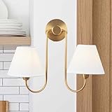 Contemporary Gleaming Elegance Linen Shade Sconce, Stainless Steel, White Linen Shade, Damp Rated, Wall Lights for Living Room (Brass, Double)