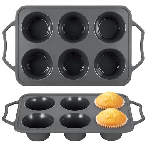 2 Pcs Silicone Muffin Trays with Metal Handles, 6 Cup Non Stick Yorkshire Pudding Tray, Giant Cupcake Tray with Metal Frame, Deep Muffin Tin, Yorkshire Pudding Tin for Baking Pan,Oven(Grey)