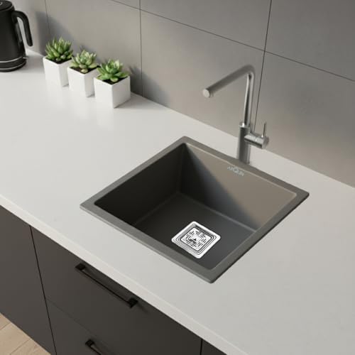 Image of ARQUIN Quartz Kitchen Sink 18x16x9 Inch Grey | Single Bowl Sink | Durable & Scratch-Resistant | Undermount /Topmount Including Coupling, Waste Pipe & Fruit Washing Basket