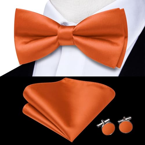 Image of Hi-Tie 5Pcs Mens Solid Color Silk Tie Satin Pretied Bowtie Lapel Pin for Men Handkerchief Cufflink Wedding Gift Box