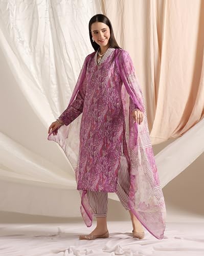 Image of GRECIILOOKS Cotton Blend Kurta Pant With Dupatta For Women | Kurti Set For Women | Festive Kurta Set For Women | Regular Fit Kurta