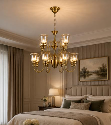 Image of Luxury Italian Chandelier Light, 12-Light Champagne Glass, Brass Finish for Dining Hall, Drawing Room, Lobby, Hall, Cafe, Hotel with Filament Bulbs, Gold