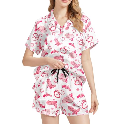 Image of Funny Satin Pajamas Set for Women Button Down Sleepwear Print Pjs Set 2 Piece Short Sleeve Loungewear Gift for Women