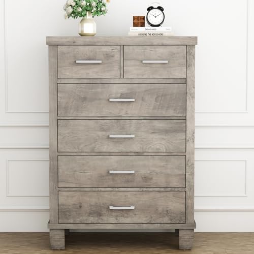 GAOMON Dresser for Bedroom with 6 Drawers, 45" Tall Grey Chests of Drawers with Storage, Large Drawer Dresser for Closet, Wooden Storage Cabinet for Entryway