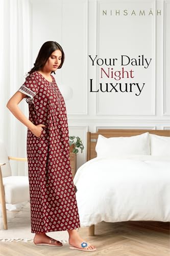 Image of NIHSAMAH Cotton Nighty for Women with Pocket, Premium Printed Long Nighty | Comfortable & Fancy Sleepwear /Nightwear