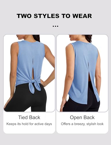 Image of MAGCOMSEN Workout Tank Tops Woman Summer Open Back Yoga Athletic Shirts Sleeveless Tie Back Loose Fit Gym Muscle Tank